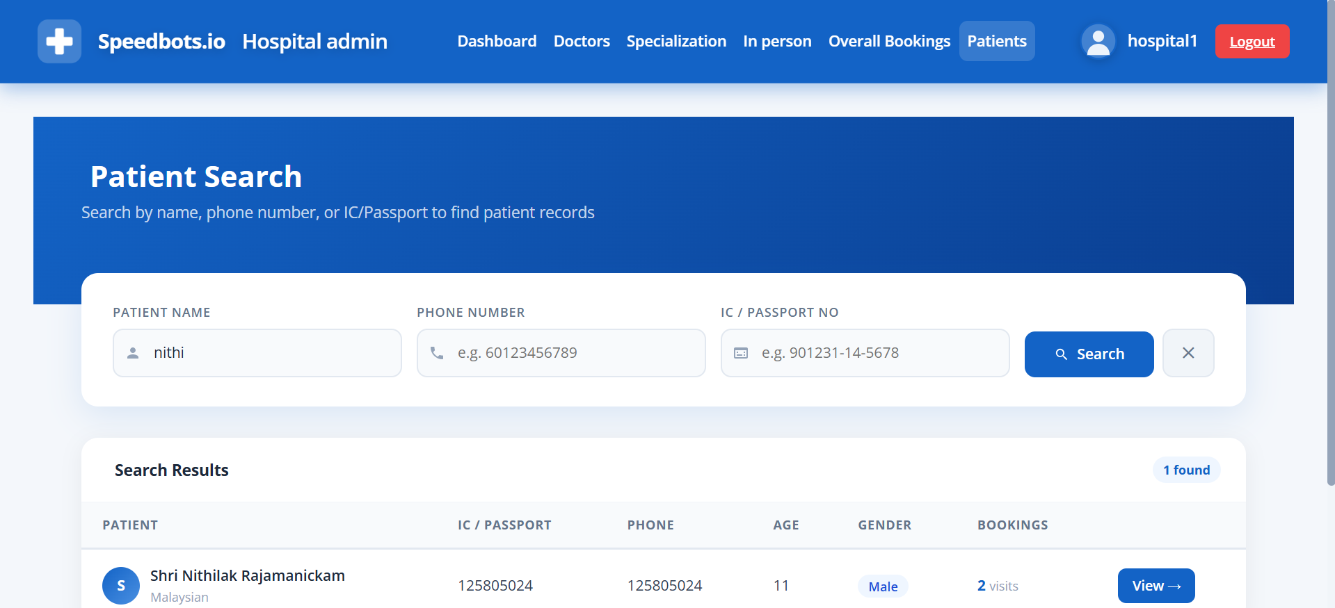 Speedbots Patient Search Dashboard